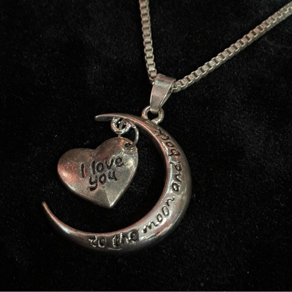 Silver Heart & Moon Pendant “I Love You To The Moon And Back” Chain Necklace - Picture 3 of 6